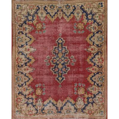 Distressed Pink Kerman Persian Antique Rug Hand-Knotted Wool Carpet - 4'4" x 5'5"