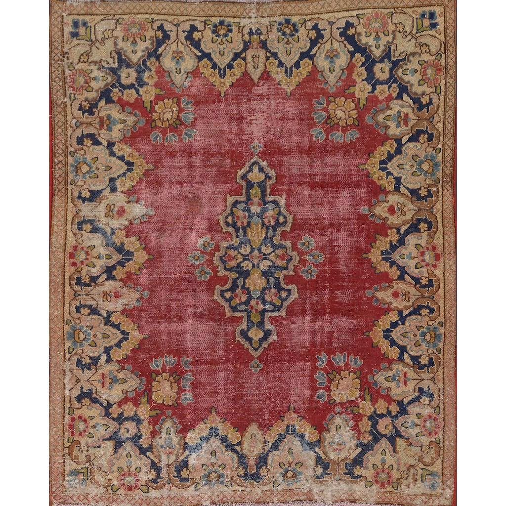 Distressed Pink Kerman Persian Antique Rug Hand-Knotted Wool Carpet - 4'4" x 5'5"