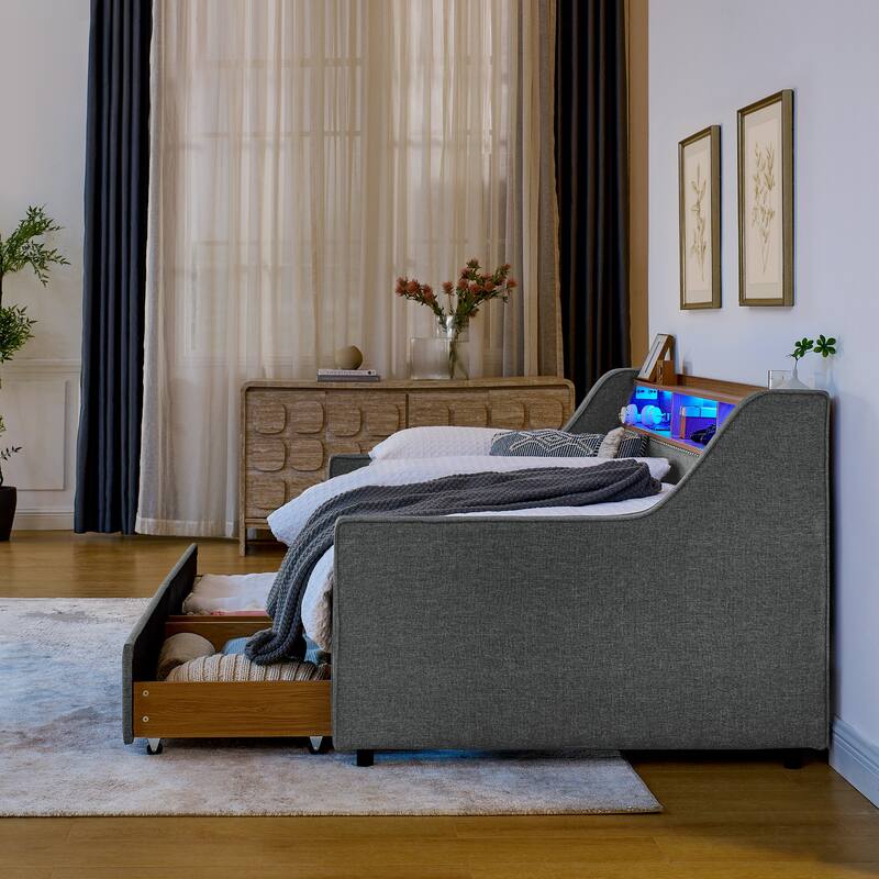Ouyessir Modern Upholstered Tufted Twin Daybed with Trundle & Drawers