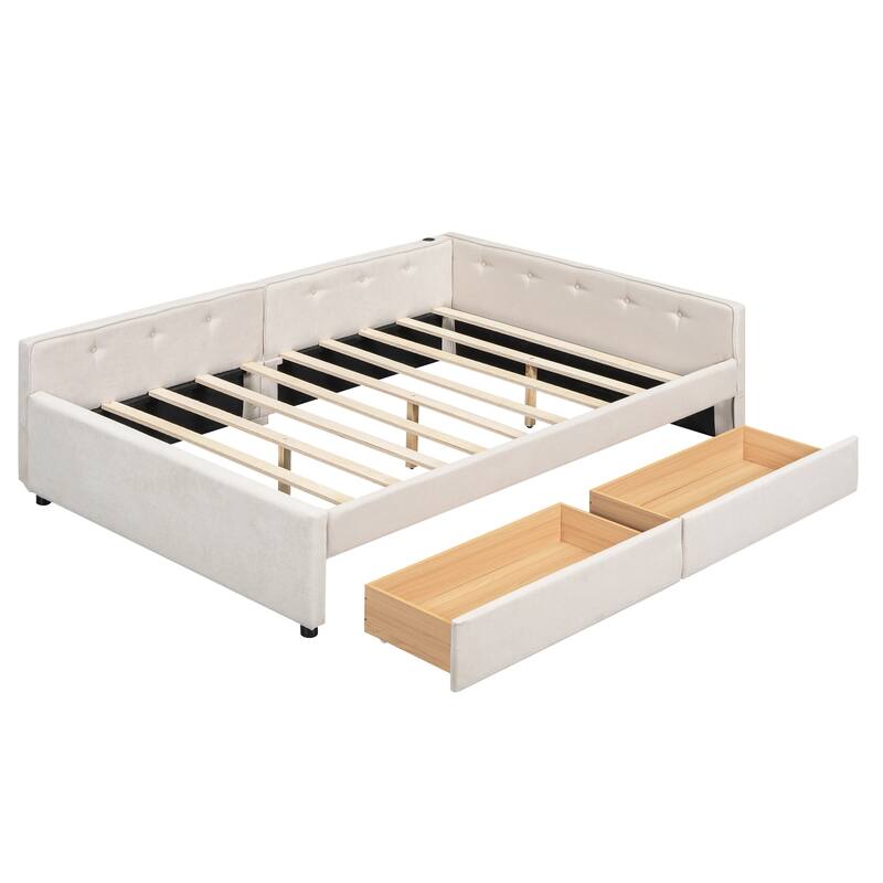 Beige Full Size Modern Upholstered Platform Bed with USB and Two Drawers