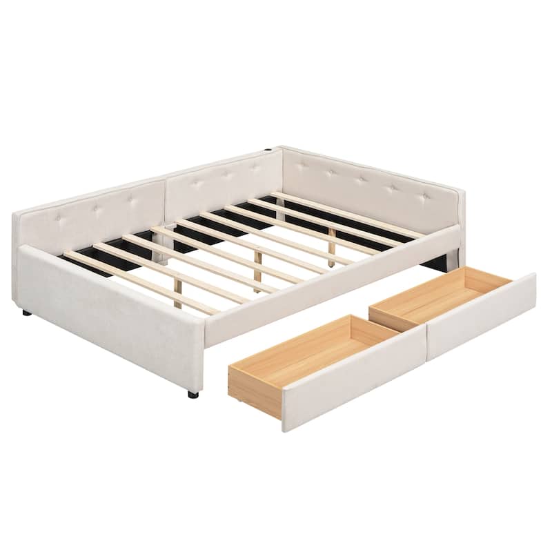 Roomfitters Full/Queen Size Upholstered Platform Bed with USB Port and Storage Base, Beige