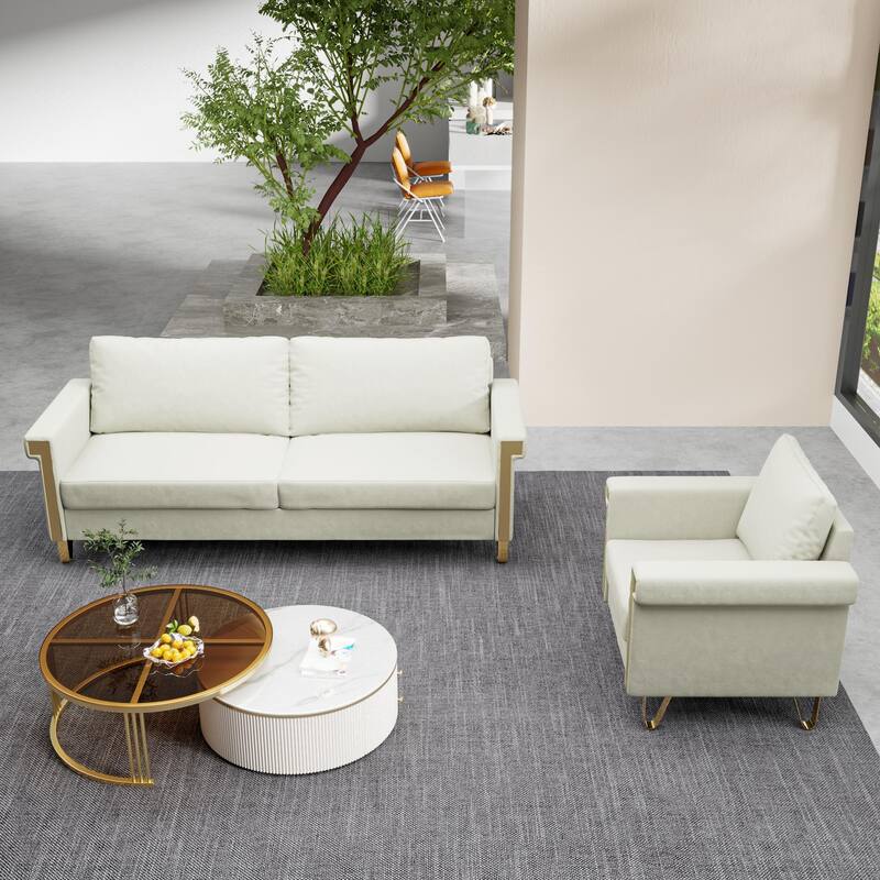 Mid-Century Velvet 3-Seater Sofa Chair Set with Gold Legs