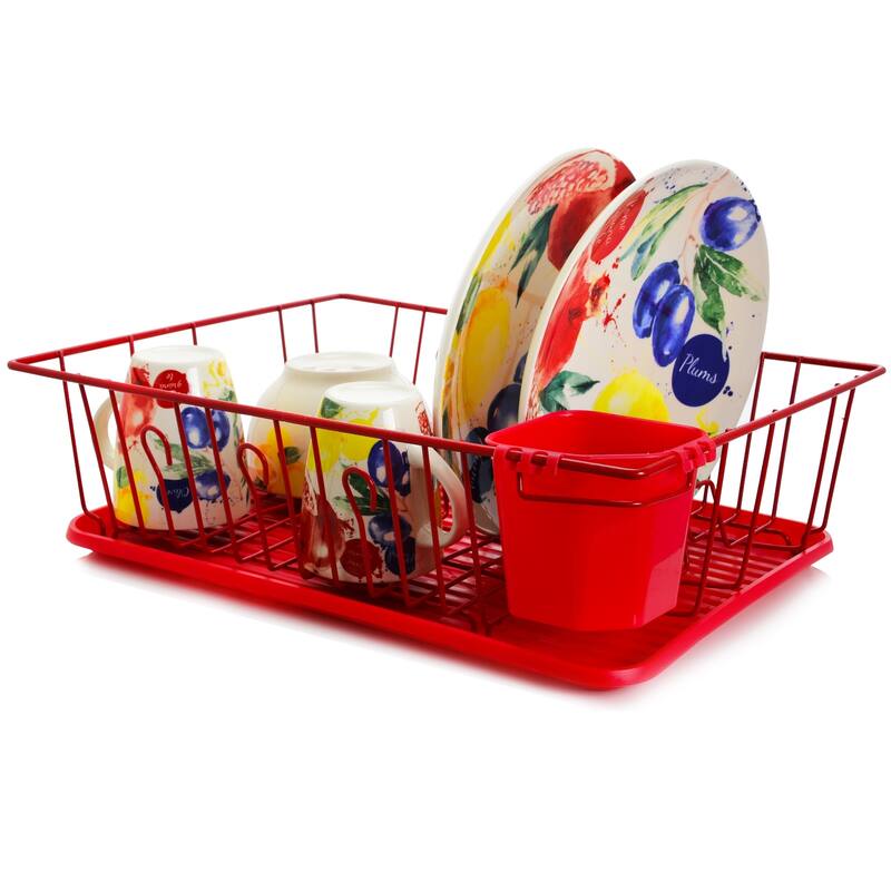 Space Saving Dish Rack with Utensil Holder in Red