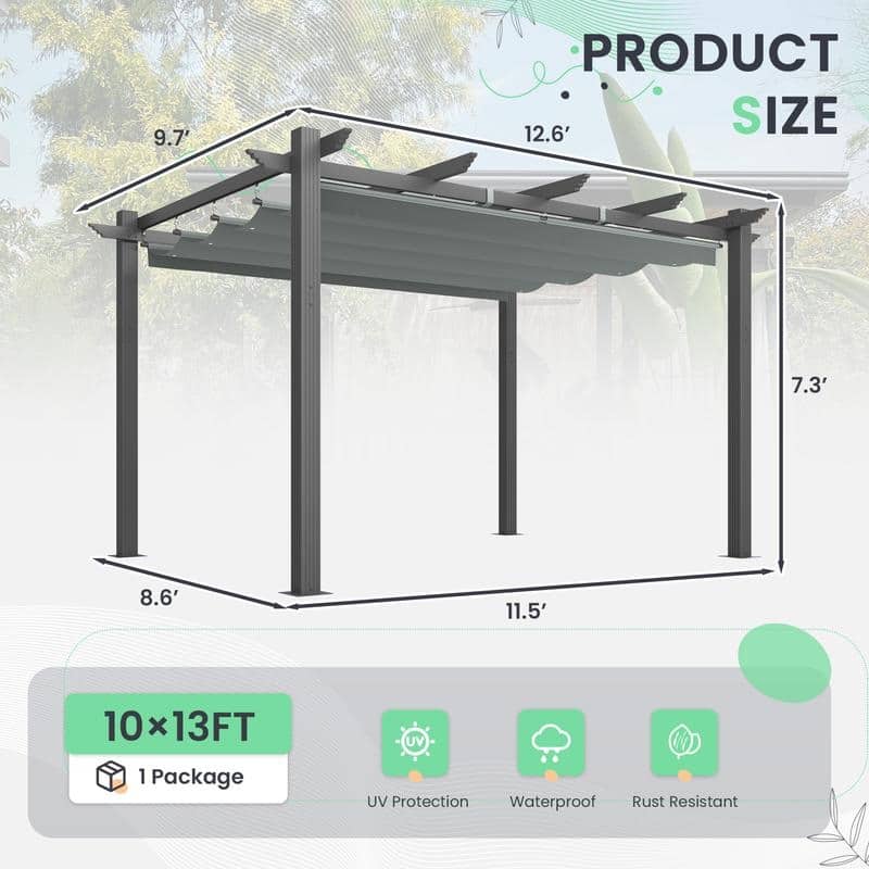 EROMMY 10' x 13' Outdoor Pergola with Retractable Canopy, Heavy-Duty Metal Frame and Adjustable Patio Shade Roof