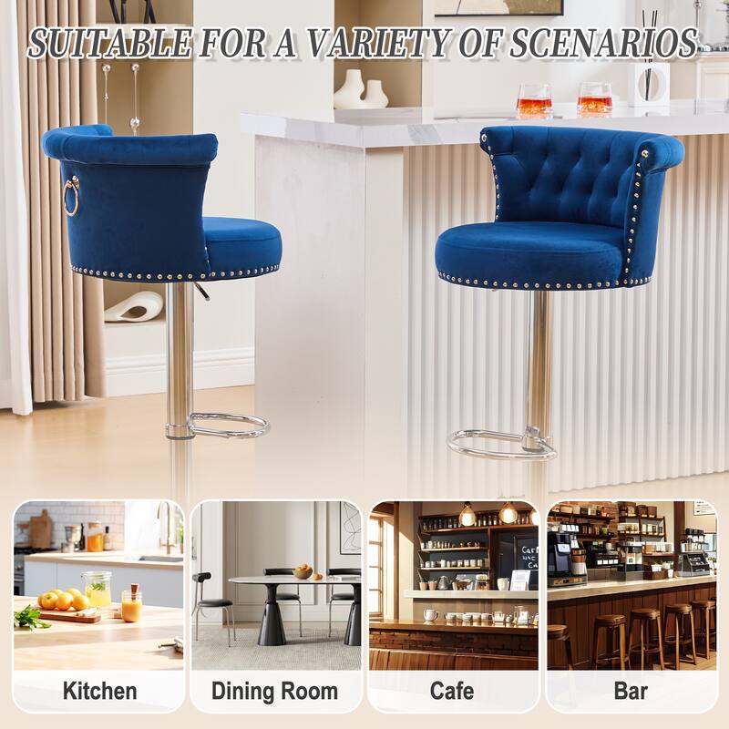 Adjustable Velvet Swivel Bar Stools with Metal Leg (Set of 2)