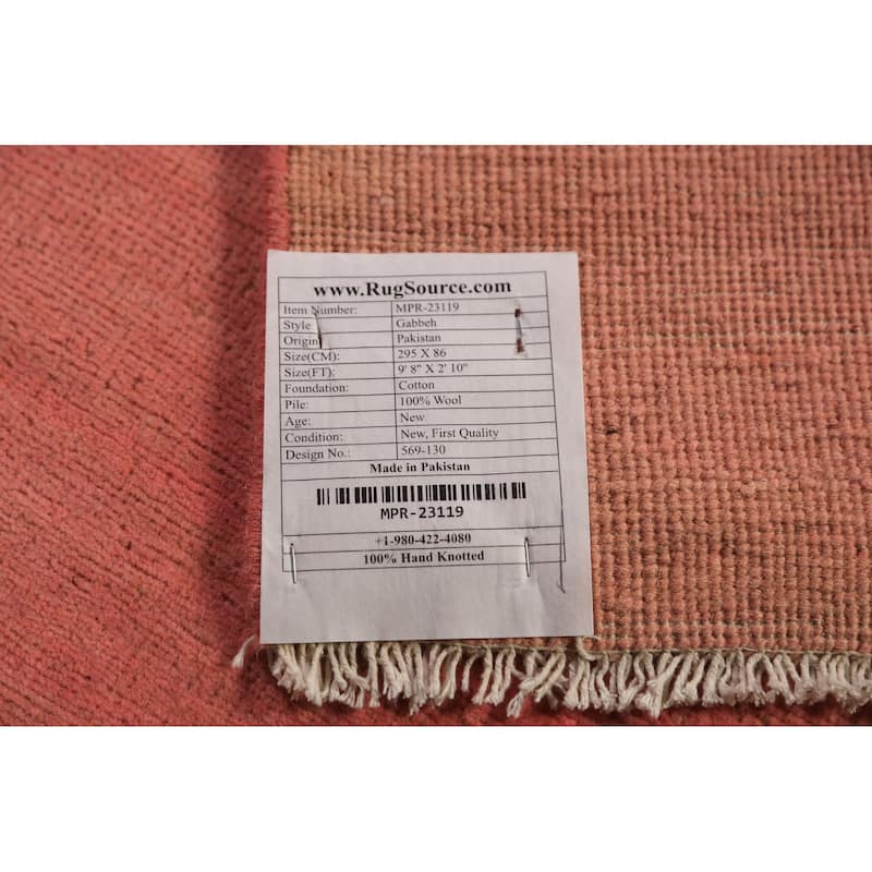 Light Pink Modern Gabbeh Runner Rug Hand-Knotted Wool Carpet - 2'10" x 9'8"
