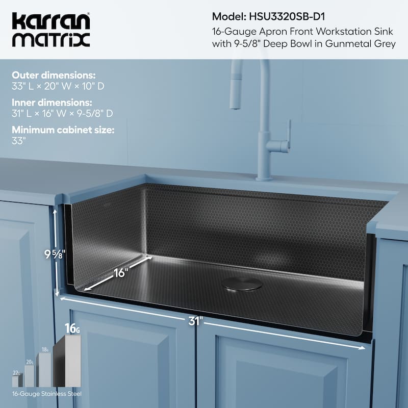 Karran Matrix 33" Apron Front Workstation 16 Gauge Single Bowl Stainless Steel Kitchen Sink with Accessories