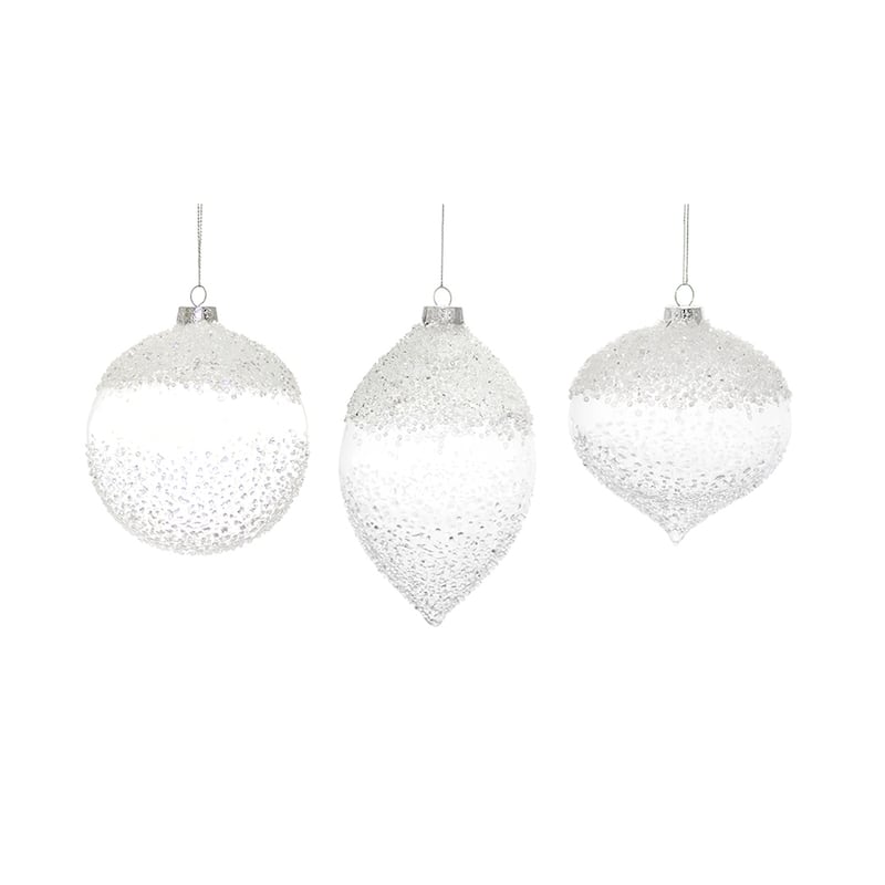 Set of 6 Classic White and Clear Glass Christmas Ornaments for Festive Holiday Decoration - 5.75"H, 7"H, 5.75"H
