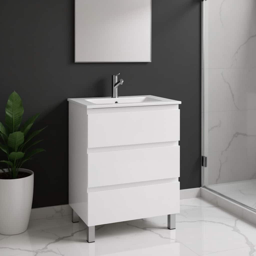 HomeRoots 24" White Wood Freestanding Bathroom Vanity With White Sink And Three Drawers - 24.00 in. x 39.06 in. x 18.10 in.