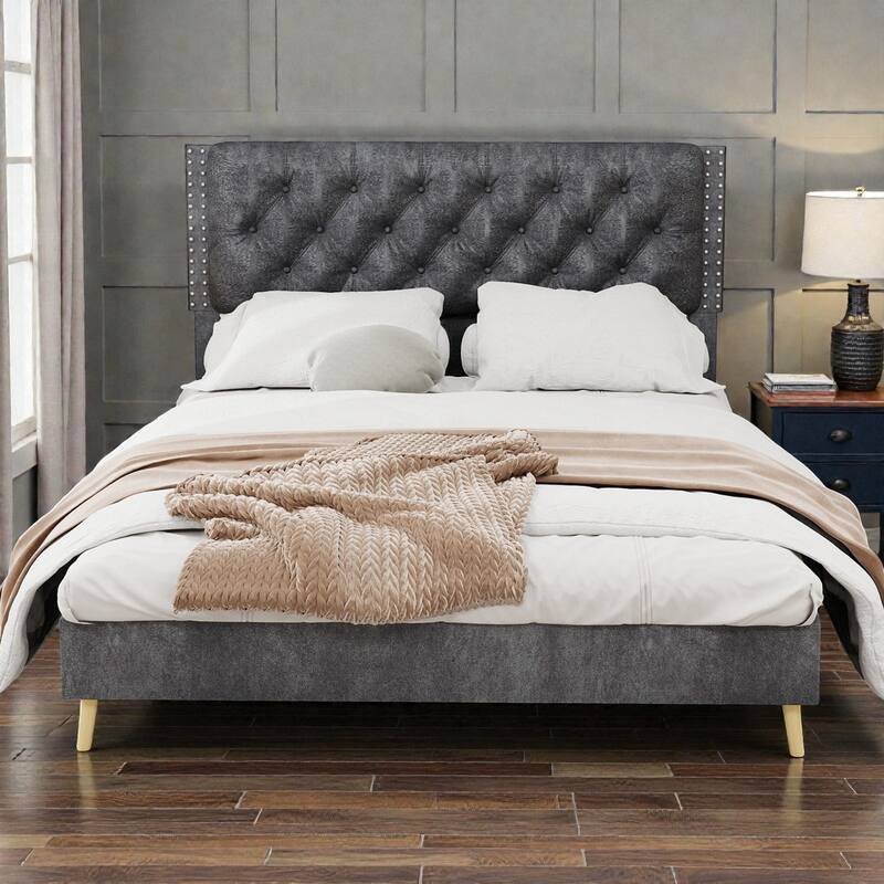 Suede Velvet Upholstered Bed Frame with Tufted Headboard, Soft Platform Bed for Master Bedroom - Grey - Queen