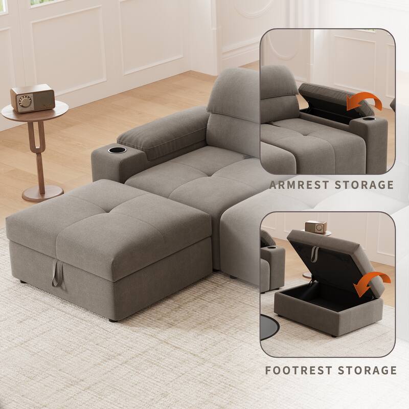 Down Filling Modular Deep Seat Couch L-shaped Sectional Sofa with Adjustable Backrest, Cup Holders, Storage Armrests and Ottoman