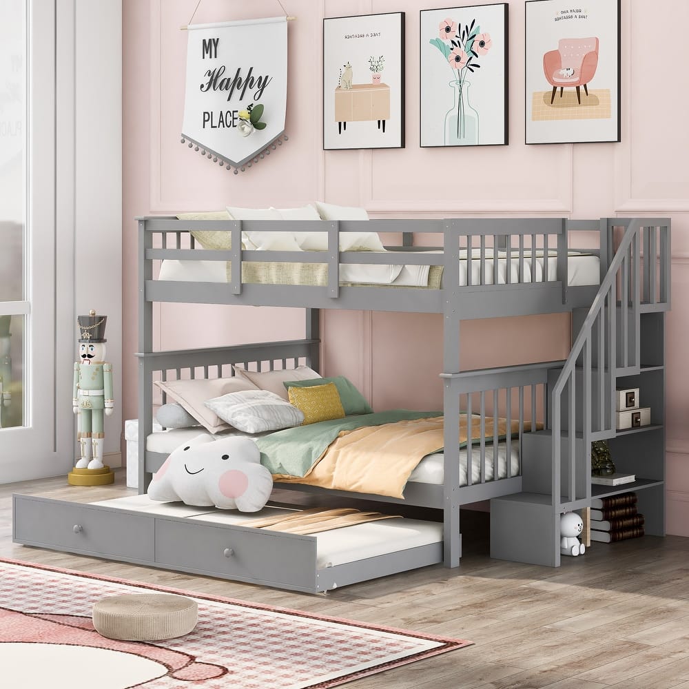 Stairway Bunk Bed with Twin size Trundle, Storage and Guard Rail