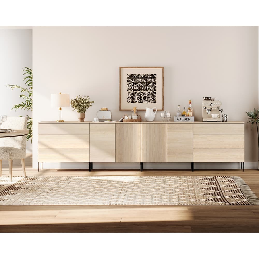 126" Modern Reeded 4-Door Sideboard With Drawers, 4-In-1 Wooden Credenza Storage Cabinet