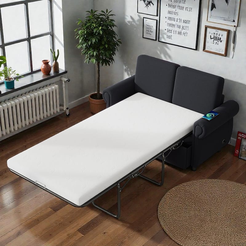 57.9" Pull-Out Loveseat Sleeper Sofa with Twin Memory Foam Mattress and USB Ports, Compact Sofa Bed for Living Room