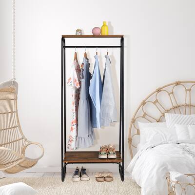 Retro Style Metal Freestanding Clothes Rack with Wood Shelf,Black