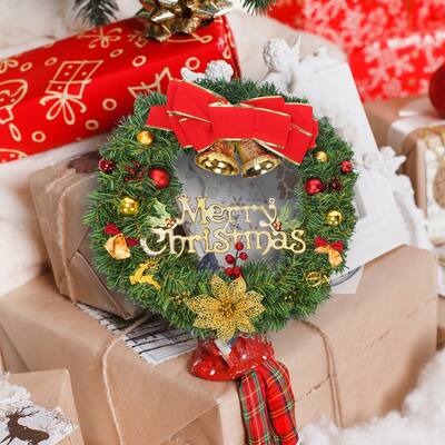 Christmas Wreaths for Front Door Window 20 Inch Pine-Artificial Garland with Bowknot, Bells, Deer, Red Berries, Flower Gifts