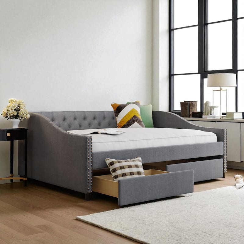 Full Size Upholstered Daybed with Storage Drawers, Diamond Tufted Backrest, Linen Fabric, Wood Slat Support