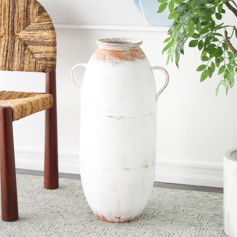 White Metal Vase with Antique Distressing and Terracotta Accents