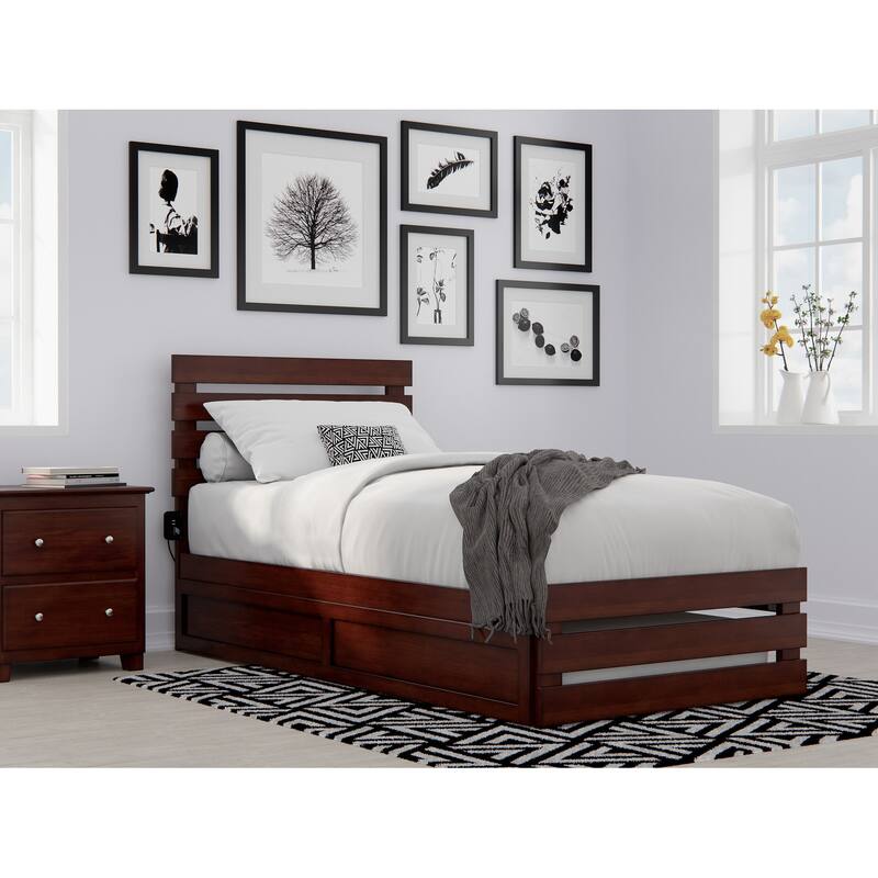 Oxford Bed with Footboard and USB Turbo Charger with Twin XL Trundle - Walnut - Twin XL
