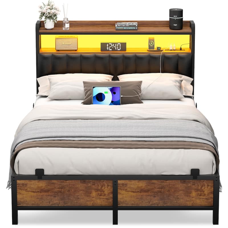 Platform Bed Frame with Upholstered Storage Headboard, Full/ Queen/ King Beds with Charge Station and LED Lights