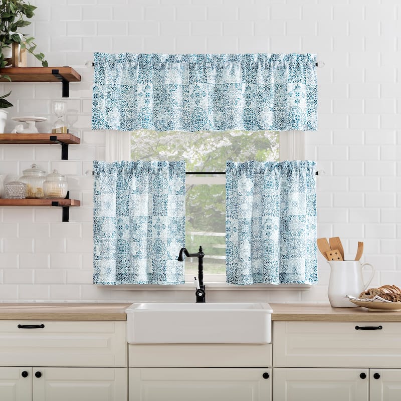 No. 918 Genoa 2-pack Mosaic Semi-Sheer Rod Pocket 2-Piece Kitchen Curtain Tier Pair