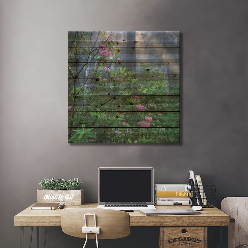 Rhododendron Flowers And Coast Redwoods In Fog, Redwood National Park, California Print On Wood by Tim Fitzharris - Multi-Color