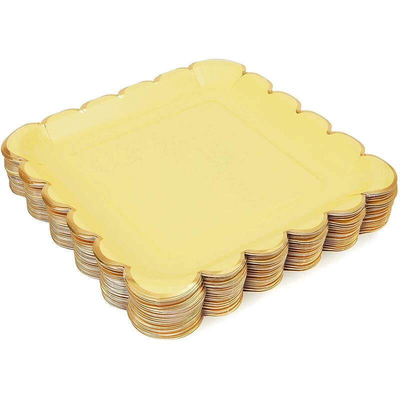 Pastel Yellow Square Paper Plates, Gold Foil Scalloped Edge (9 In, 48