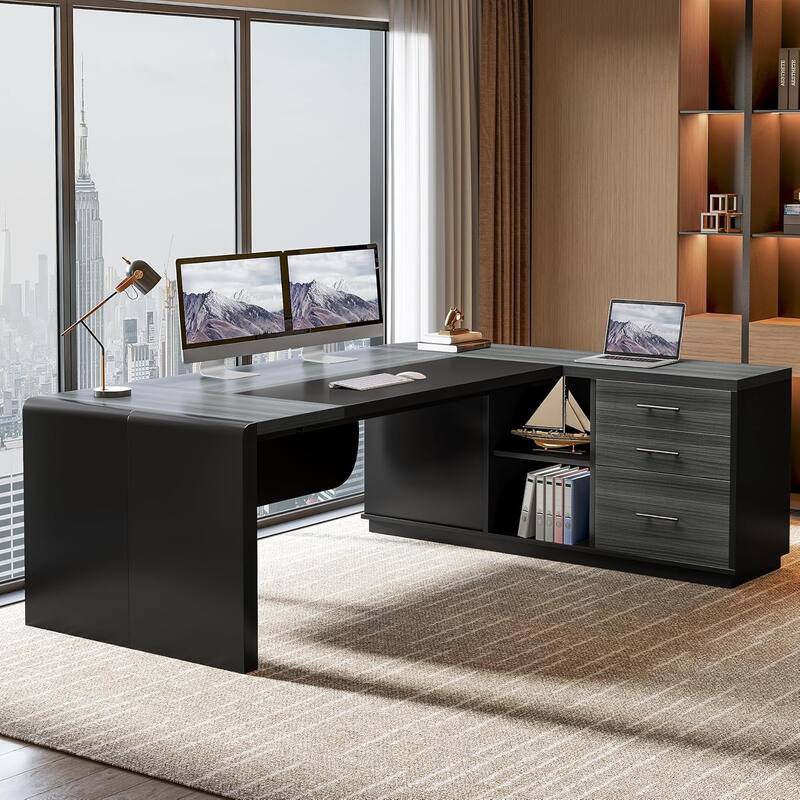 80 Inches Executive Desk, L-Shaped Office Desk with 55 Inches Cabine