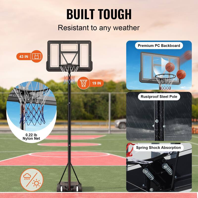 44" Backboard Portable Basketball Hoop System, Adjustable 4-10ft - 44 inches
