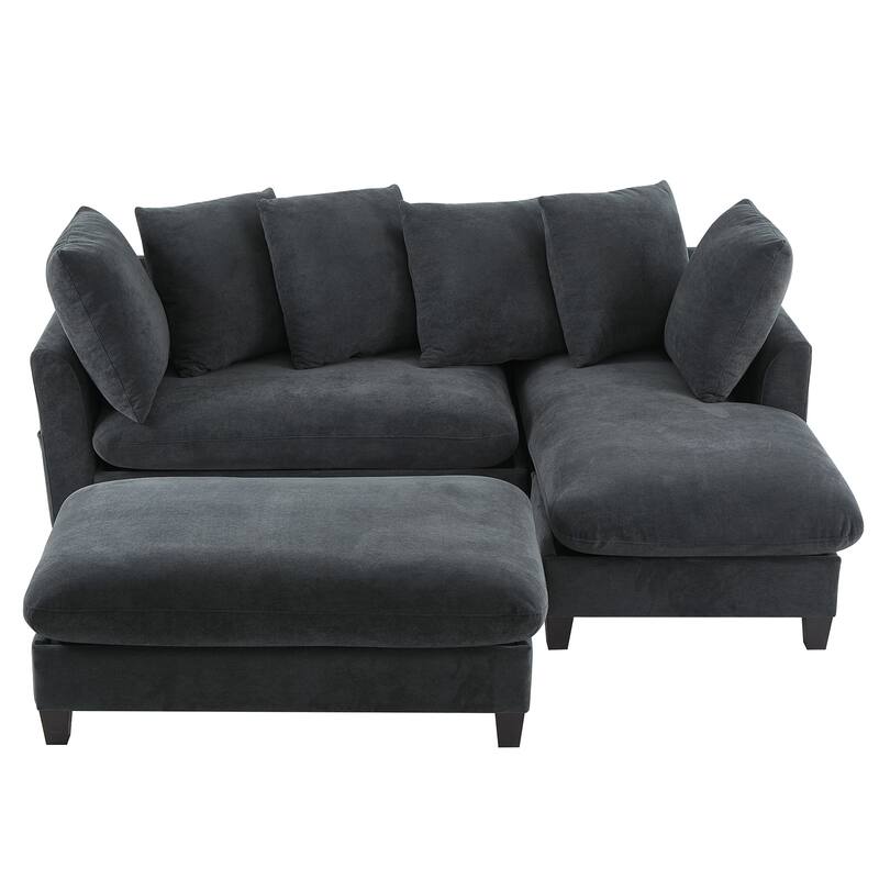 Chenille Sectional Sofa L-shaped Sofa with Movable Ottoman, Upholstered Sectional Sofa with 6 Throw Pillows, Bottom storage
