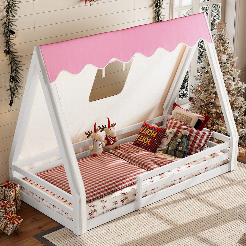 Full/Twin House Floor Bed with Tent, LED Light & Guardrails - White - Twin