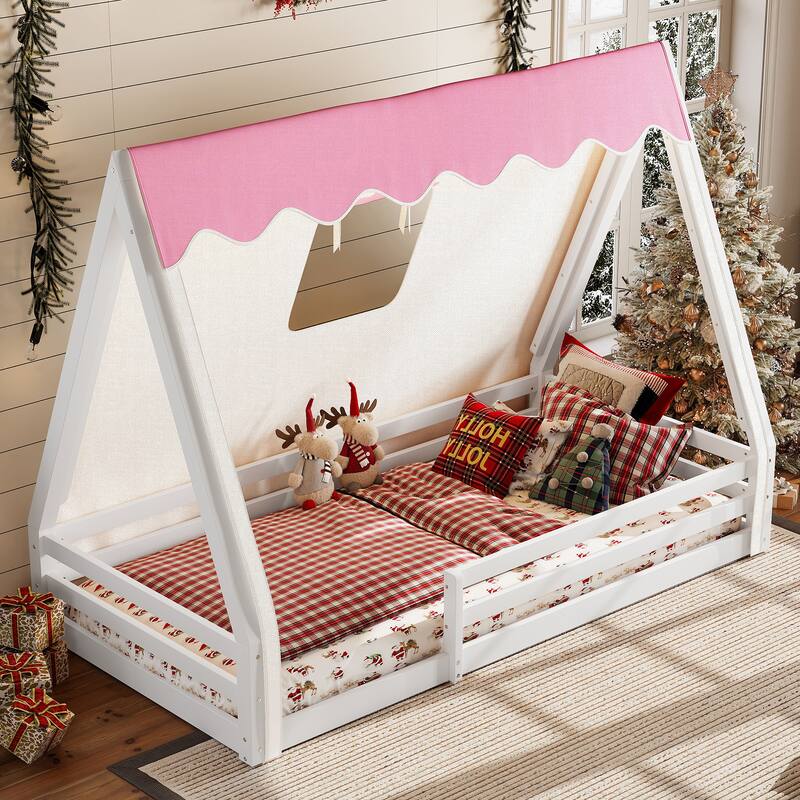 Twin Size House Floor Bed with Tent and Light, Solid Wood Teepee Floor Bed with Full-length Guardrails