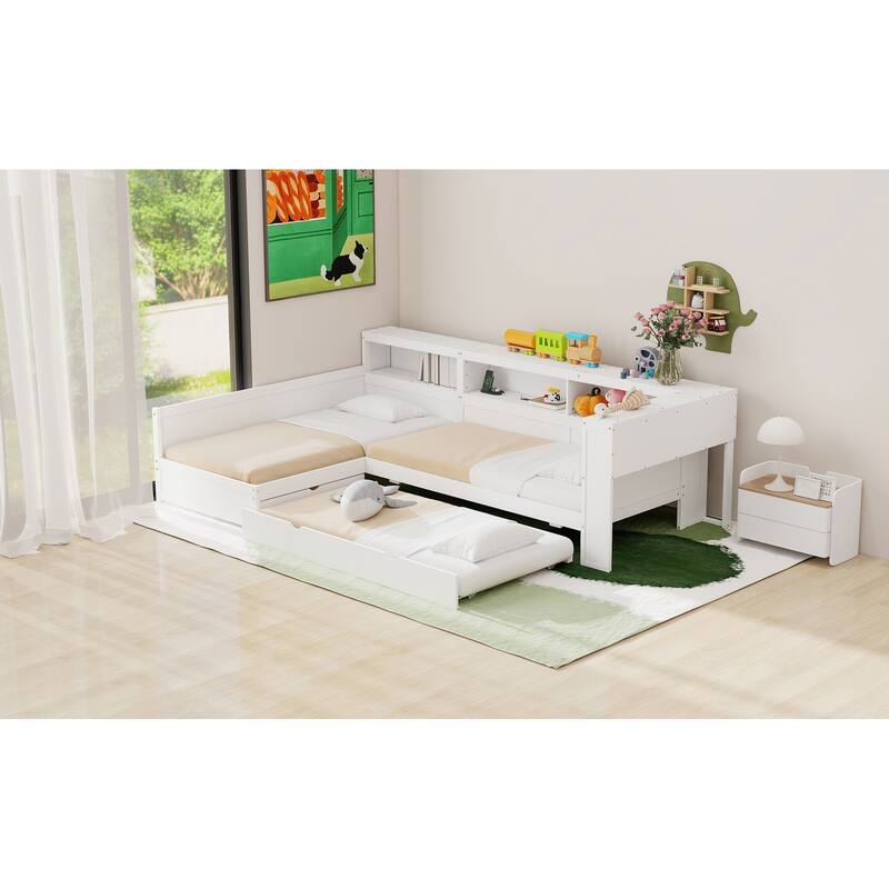 Wooden L-shaped Bed Frame Built-in Storage Cabinets Twin Size Platform Bed with Trundle Bed and Drawer, Storage Captains Bed