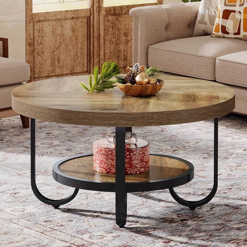 31.1 Inches Brown Engineered Wood Coffee Table, 2-Tier Round Center Table with Metal Legs for Living Room