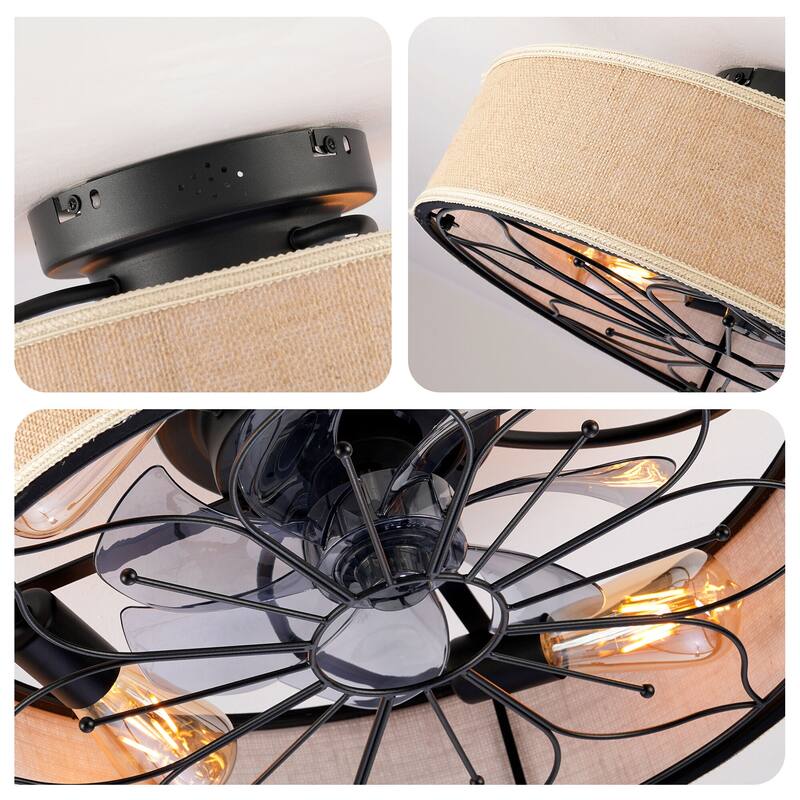 20" Caged Ceiling Fans Flush Mount,Low Profile Fabric Farmhouse Ceiling Fan with Remote Control - N/A