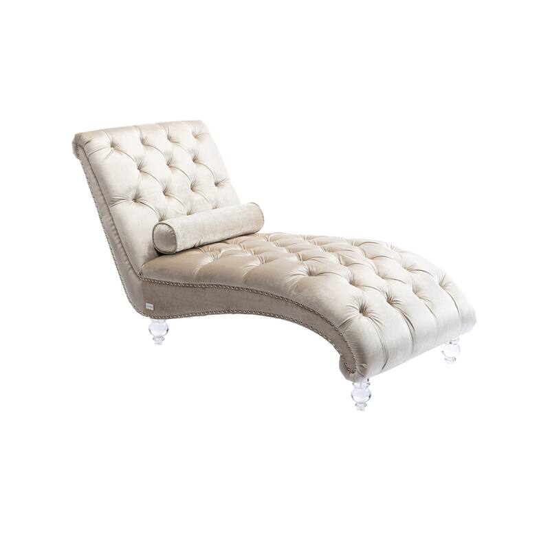 Velvet Tufted Chaise Lounge Chair Ergonomic S Shape Recliner with Pillow, Nailhead Trim and Acrylic Legs for Indoor Use