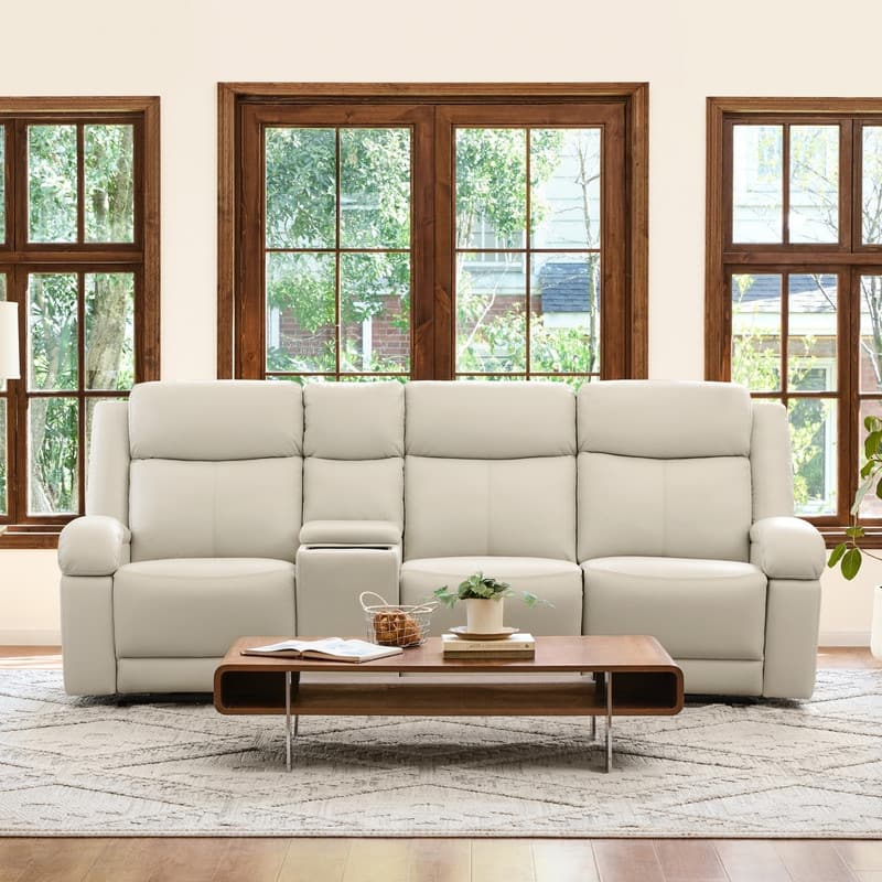 Spruce & Spring Hadlee Genuine leather Reclining Sofa with Multi-Function Console. - 3PC+Console - Cream