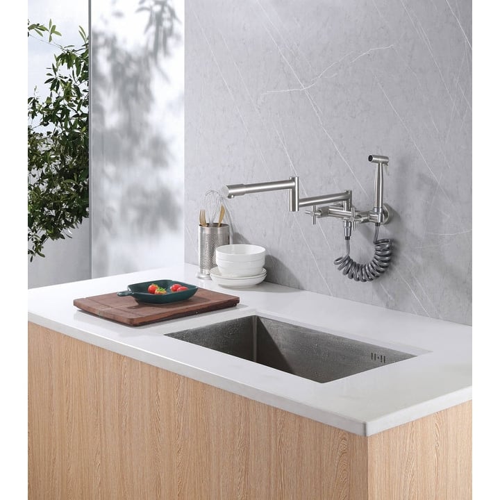 Brushed nickel Pot Filler Faucet Folding Stretchable Brass Hot & Cold Kitchen Faucet Wall Mount with side sprayer