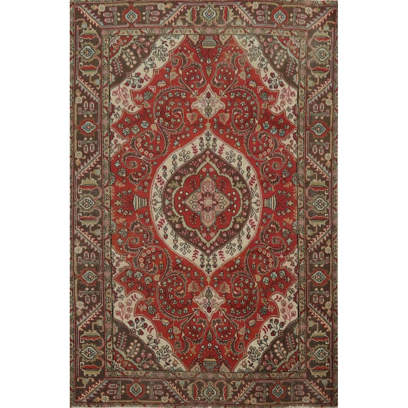 Hand Knotted Oriental 100% Wool Carpet Traditional Floral Red Tabriz Area Rug - 9' 0'' X 6' 7''