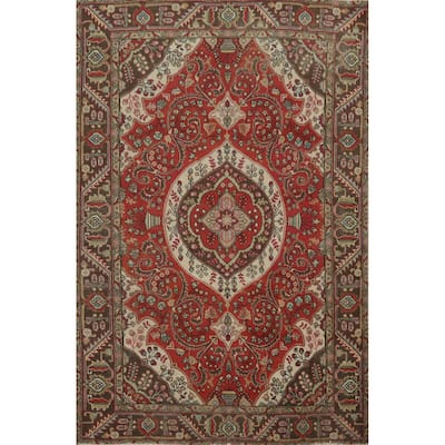 Hand Knotted Oriental 100% Wool Carpet Traditional Floral Red Tabriz Area Rug - 9' 0'' X 6' 7''