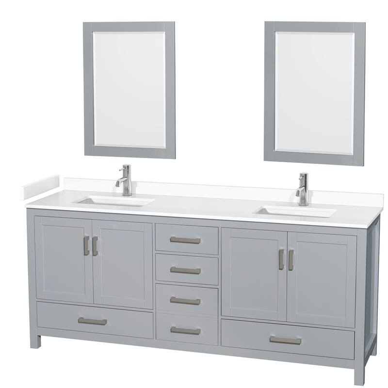 Sheffield Double Bathroom Vanity Set, Cultured Top, 24-Inch Mirrors - 80-Inch Double - Gray, White Cultured Marble Counter