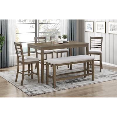 6pcs Dining Furniture Set Counter Height Table Chairs Bench Upholstered Seat Cushion Light Brown Finish