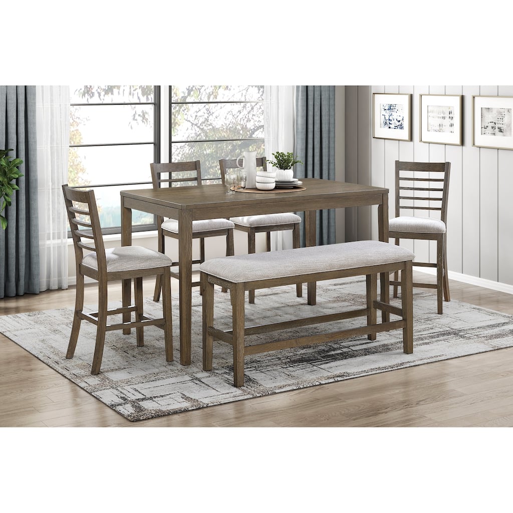 6pcs Dining Furniture Set Counter Height Table Chairs Bench Upholstered Seat Cushion Light Brown Finish