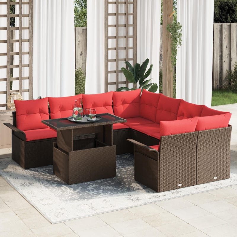 vidaXL 9 Garden Sofa Set with Cushions Black/Brown/Grey Poly Rattan - 95.5 x 92.1 x 27.2 - Brown