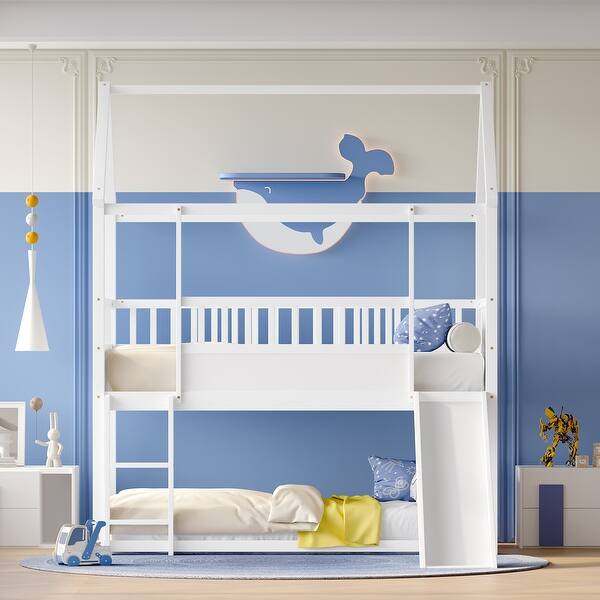 slide 2 of 17, House Bunk Bed w/Convertible Slide & Ladder, Twin Over Twin, Safety Guardrail Included. White