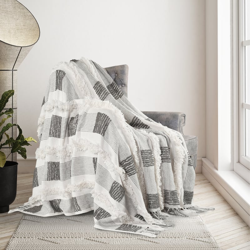 Sevita Gray/ Cream Checkered Hand-Woven Cotton Standard Size Throw Blanket