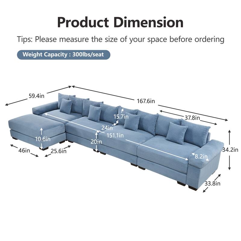 GDFStudio - Corduroy L-Shaped 4-Seater 167.6" Cloud Modular Sectional Couch with Ottoman