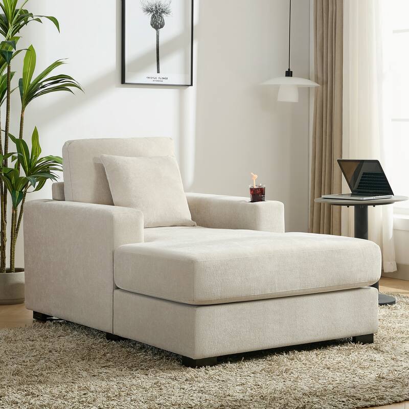 Modern Style Chaise Lounger Sofa Couch ,with Pillows, Charge Station & Cup Holders