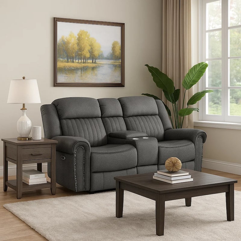 Ben 76 Inch Power Double Recliner Loveseat, Gray Microfiber, Console, Cupholders