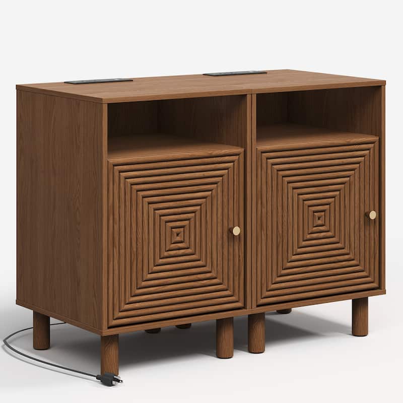 Nightstand Set of 2 with Charging Station and Solid Wood Legs